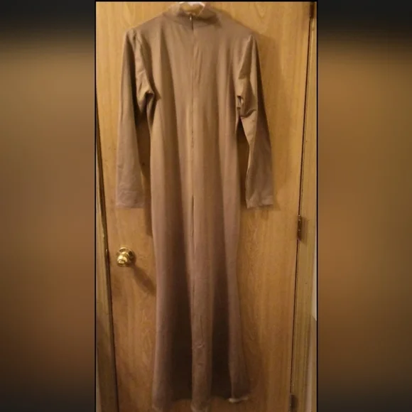 Women Tan Long Maxi Jersey Dress Solid High Neck Zip Up Flared Bodycon Dress - Picture 2 of 4